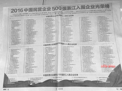 La société du groupe s'est classée 485e dans la liste des 500 meilleures entreprises privées chinoises dans l'industrie manufacturière en 2016